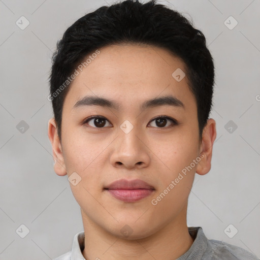 Neutral asian young-adult male with short  black hair and brown eyes