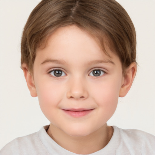 Joyful white child female with short  brown hair and brown eyes