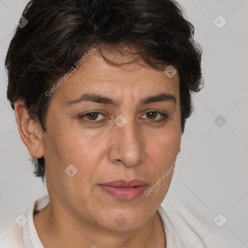 Joyful white adult female with short  brown hair and brown eyes