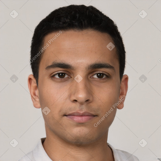 Neutral latino young-adult male with short  brown hair and brown eyes