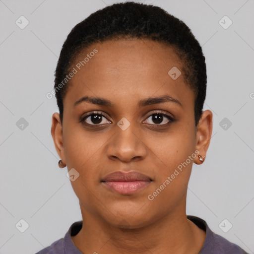 Joyful black young-adult female with short  black hair and brown eyes