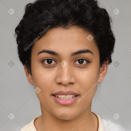 Joyful latino young-adult female with short  black hair and brown eyes