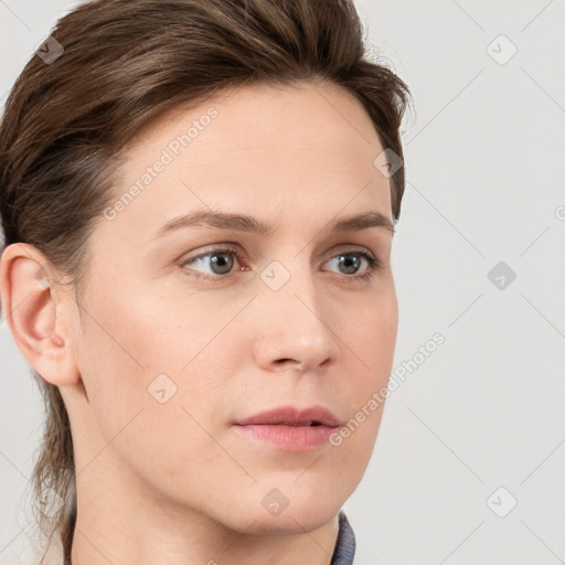 Neutral white young-adult female with short  brown hair and brown eyes