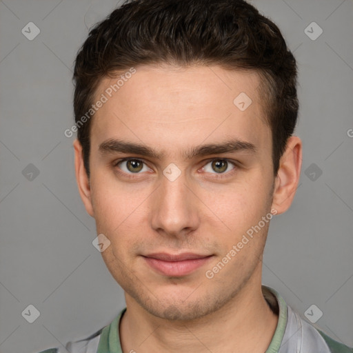 Neutral white young-adult male with short  brown hair and grey eyes