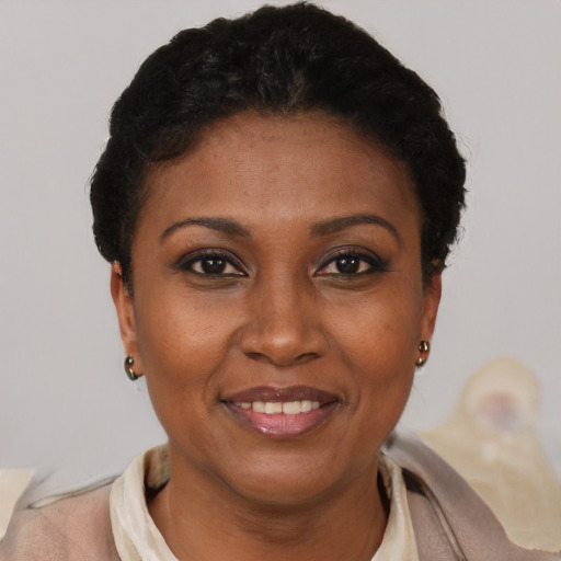 Joyful latino young-adult female with short  black hair and brown eyes
