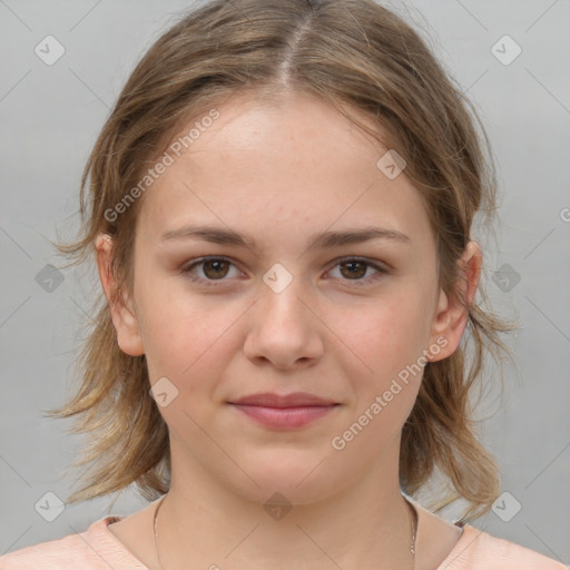 Joyful white child female with medium  brown hair and brown eyes