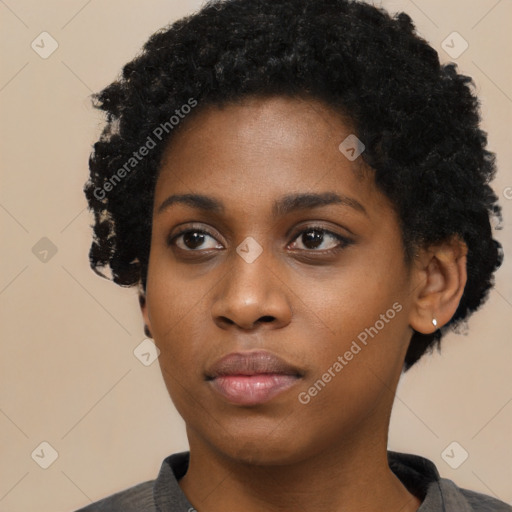 Neutral black young-adult female with short  black hair and brown eyes