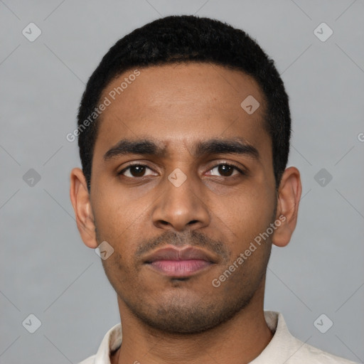 Neutral latino young-adult male with short  black hair and brown eyes