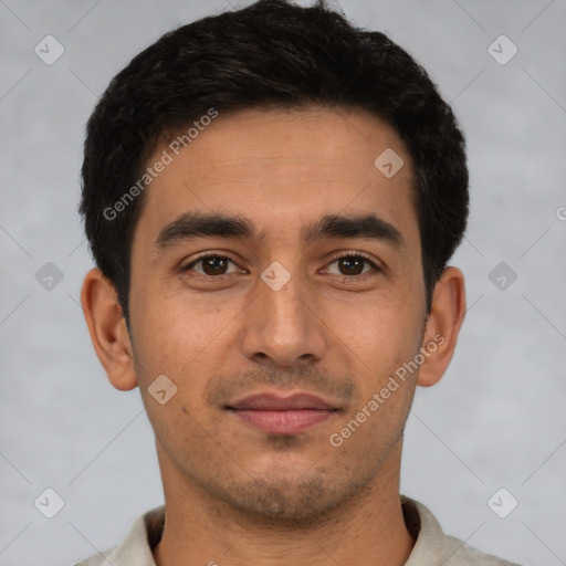 Neutral latino young-adult male with short  black hair and brown eyes