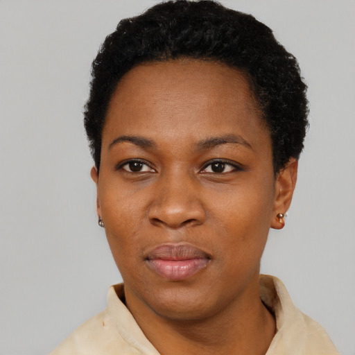 Neutral black young-adult female with short  black hair and brown eyes