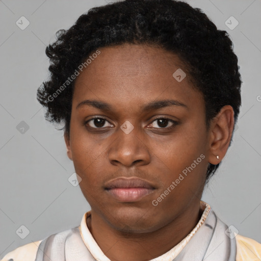 Neutral black young-adult female with short  brown hair and brown eyes