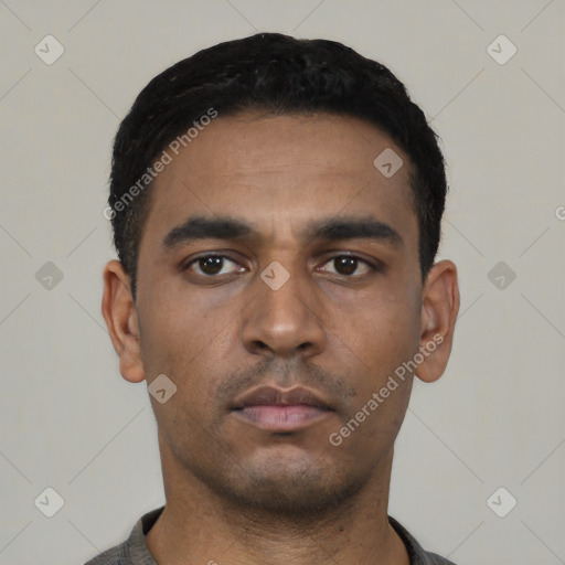 Neutral latino young-adult male with short  black hair and brown eyes