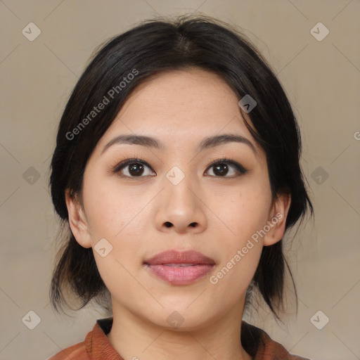 Neutral asian young-adult female with medium  brown hair and brown eyes