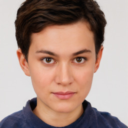 Neutral white young-adult female with short  brown hair and brown eyes