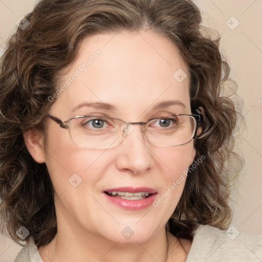 Joyful white adult female with medium  brown hair and green eyes