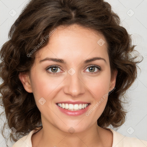 Joyful white young-adult female with medium  brown hair and green eyes