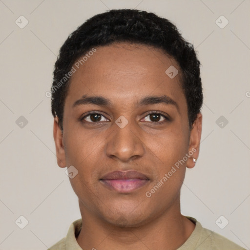 Joyful black young-adult male with short  black hair and brown eyes