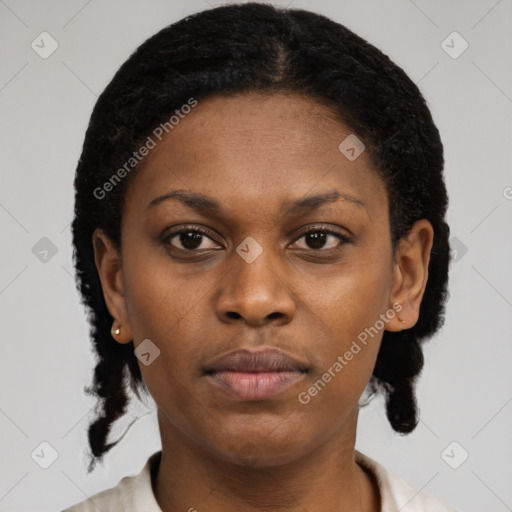 Neutral black young-adult female with short  black hair and brown eyes