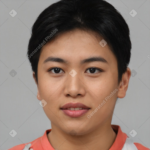 Joyful asian young-adult female with short  black hair and brown eyes