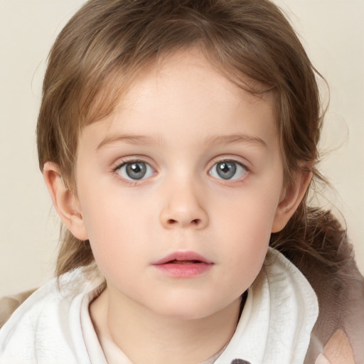 Neutral white child female with medium  brown hair and blue eyes