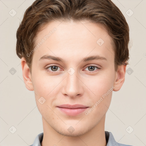 Joyful white young-adult female with short  brown hair and grey eyes