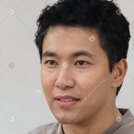 Neutral asian young-adult male with short  black hair and brown eyes