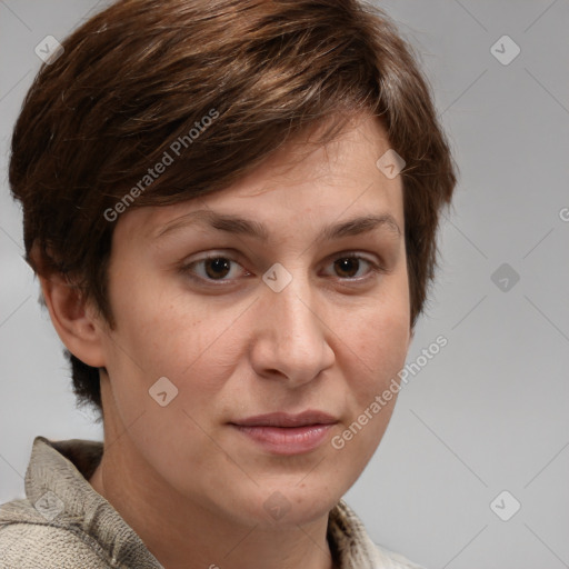 Joyful white adult female with medium  brown hair and brown eyes