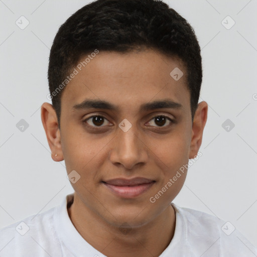 Joyful black young-adult male with short  brown hair and brown eyes