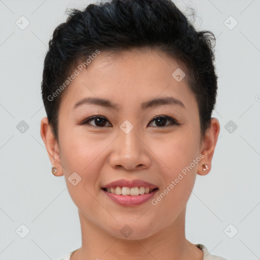 Joyful asian young-adult female with short  brown hair and brown eyes