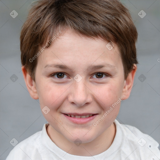 Joyful white child male with short  brown hair and brown eyes