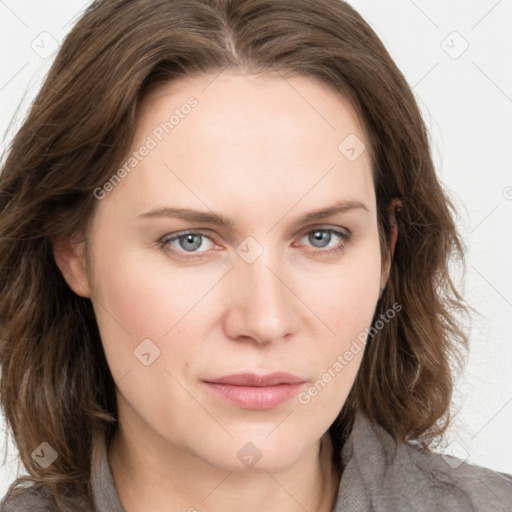 Neutral white young-adult female with medium  brown hair and grey eyes