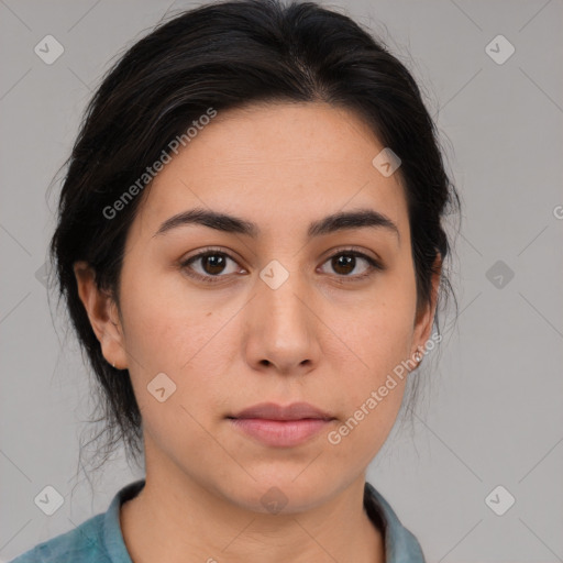 Neutral white young-adult female with medium  brown hair and brown eyes