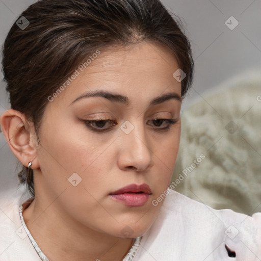 Neutral white young-adult female with medium  brown hair and brown eyes