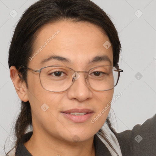 Joyful white adult female with medium  brown hair and brown eyes