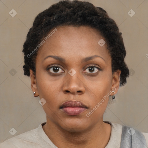 Neutral black young-adult female with short  black hair and brown eyes