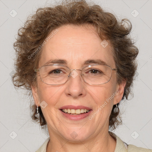 Joyful white middle-aged female with medium  brown hair and brown eyes