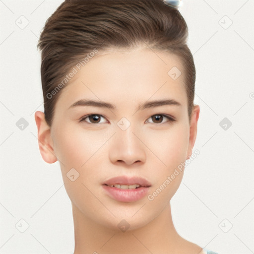 Neutral white young-adult female with short  brown hair and brown eyes