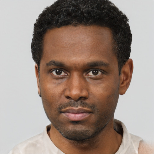 Neutral black young-adult male with short  black hair and brown eyes