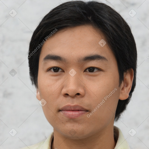 Neutral asian young-adult male with short  black hair and brown eyes