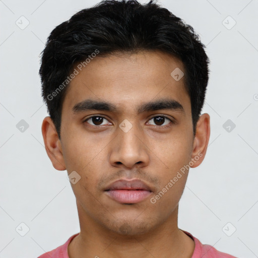 Neutral latino young-adult male with short  black hair and brown eyes