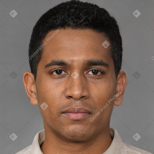Neutral latino young-adult male with short  black hair and brown eyes