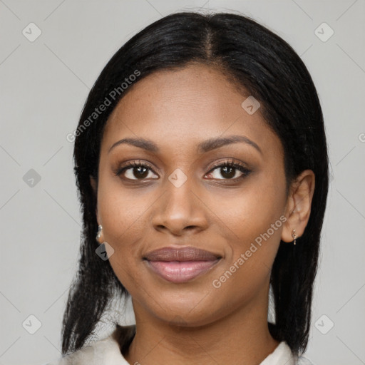 Joyful latino young-adult female with medium  black hair and brown eyes