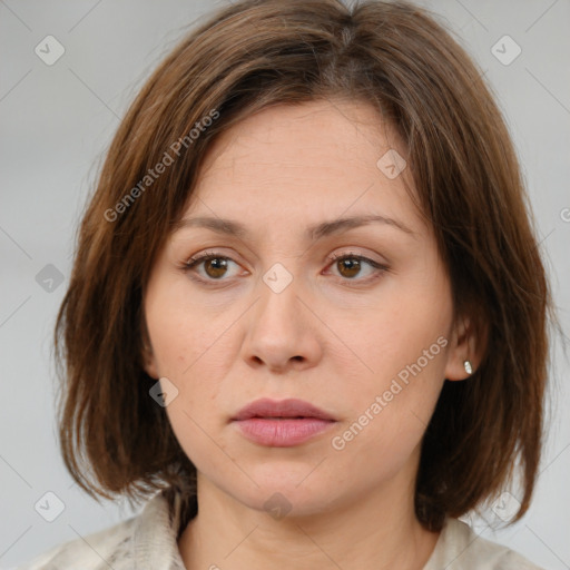 Neutral white young-adult female with medium  brown hair and brown eyes