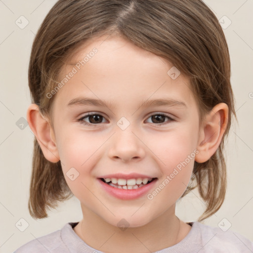 Joyful white child female with medium  brown hair and brown eyes