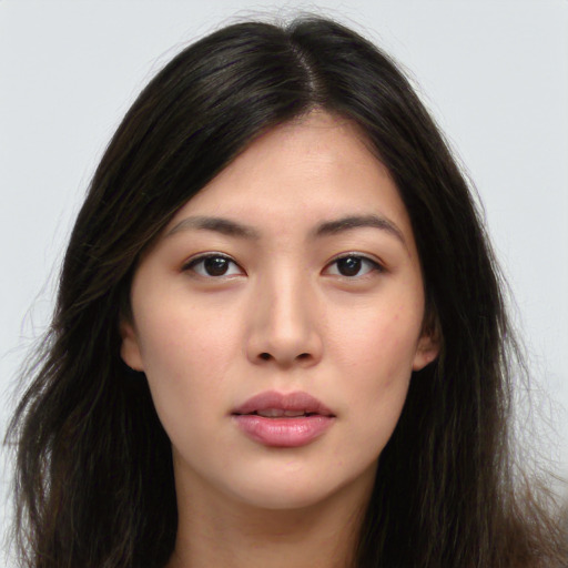 Neutral asian young-adult female with long  brown hair and brown eyes