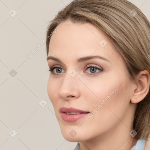 Neutral white young-adult female with medium  brown hair and grey eyes