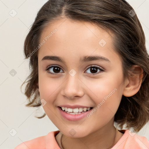 Joyful white child female with medium  brown hair and brown eyes