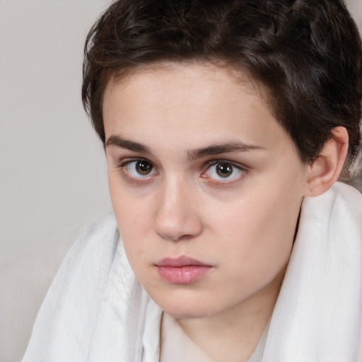 Neutral white young-adult female with medium  brown hair and brown eyes