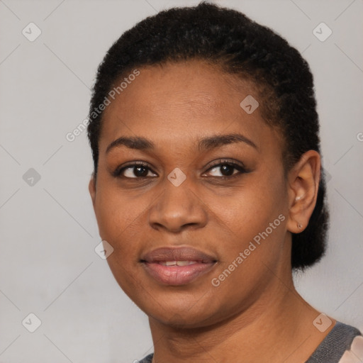 Joyful latino young-adult female with short  black hair and brown eyes