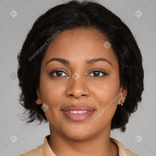 Joyful black young-adult female with medium  brown hair and brown eyes